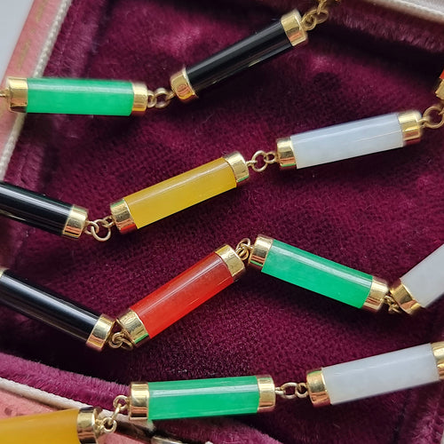 Vintage 14K Gold Multi-Coloured Agate Necklace and Bracelet Set detail