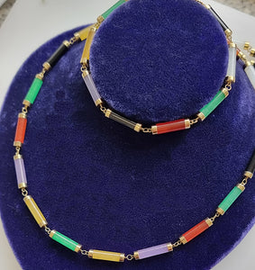 Vintage 14K Gold Multi-Coloured Agate Necklace and Bracelet Set