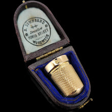 Load image into Gallery viewer, A yellow gold thimble in a fitted antique case, on a black background
