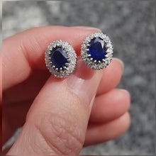 Load and play video in Gallery viewer, Vintage 18ct Gold Sapphire and Diamond Oval Cluster Stud Earrings
