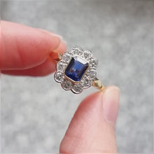 Load and play video in Gallery viewer, Vintage 18ct Yellow &amp; White Gold Sapphire and Diamond Cluster Ring
