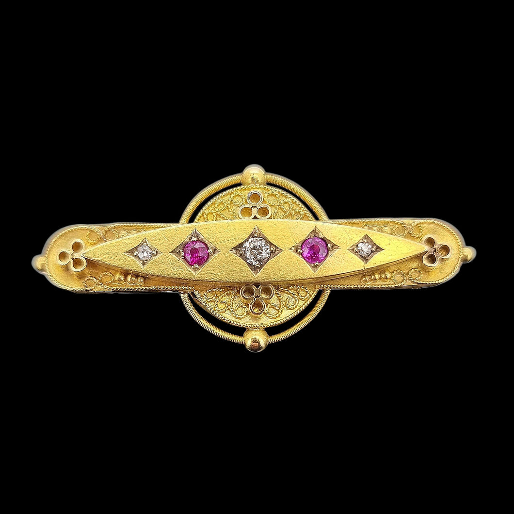 Victorian 15ct Gold Ruby & Diamond Bar Brooch