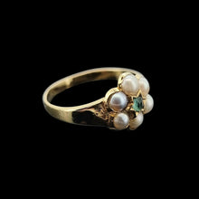 Load image into Gallery viewer, Antique 9ct Gold Emerald and Pearl Mourning Daisy Cluster Ring
