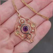 Load and play video in Gallery viewer, Antique 9ct Gold Amethyst &amp; Pearl Pendant with Chain

