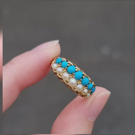 Victorian 18ct Gold Turquoise & Pearl Double Row Ring video