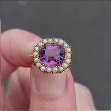 Load and play video in Gallery viewer, Miniature Victorian 15ct Gold Amethyst &amp; Seed Pearl Brooch
