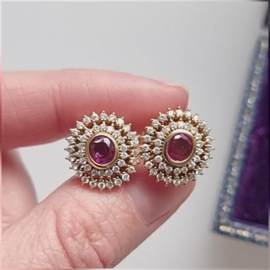 18ct Gold Ruby and Diamond Cluster Stud Earrings video