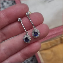 Load and play video in Gallery viewer, Vintage 18ct White Gold Sapphire &amp; Diamond Drop Earrings
