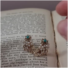 Load and play video in Gallery viewer, Antique 9ct Gold Turquoise &amp; Pearl Floral Stud Earrings
