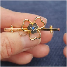Load and play video in Gallery viewer, Antique 9ct Gold Shamrock Sapphire Bar Brooch
