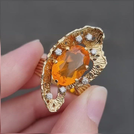 Vintage 18ct Gold Fire Opal & Diamond Statement Ring, 3.25ct video