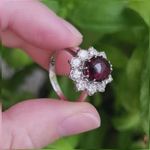 Load and play video in Gallery viewer, Vintage 18ct White Gold Garnet &amp; Diamond Cluster Ring
