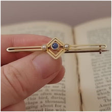 Load and play video in Gallery viewer, Antique 15ct Gold Sapphire &amp; Pearl Bar Brooch
