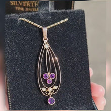 Load and play video in Gallery viewer, Edwardian 9ct Gold Amethyst &amp; Seed Pearl Pendant
