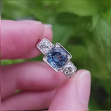 Load and play video in Gallery viewer, Vintage 18ct White Gold Aquamarine &amp; Diamond Three Stone Ring
