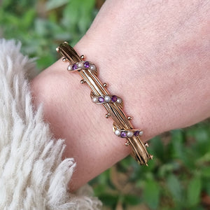 Antique 9ct Gold Amethyst & Seed Pearl Bangle modelled
