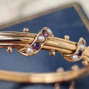 Antique 9ct Gold Amethyst & Seed Pearl Bangle detail