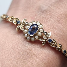 Load image into Gallery viewer, Vintage 9ct Gold Sapphire &amp; Pearl Bangle modelled
