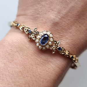 Vintage 9ct Gold Sapphire & Pearl Bangle modelled