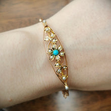 Load image into Gallery viewer, Antique 15ct Gold Turquoise &amp; Pearl Flower Bangle
