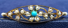 Load image into Gallery viewer, Antique 15ct Gold Turquoise &amp; Pearl Flower Bangle
