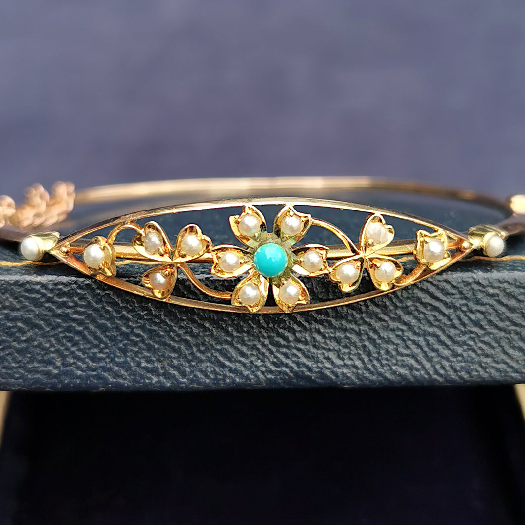 Antique 15ct Gold Turquoise & Pearl Flower Bangle