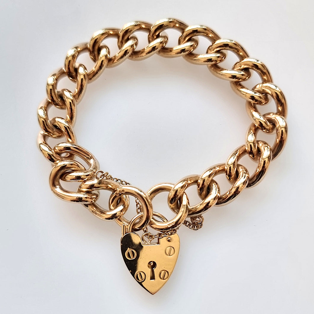 Vintage Solid 9ct Gold Curb Charm Bracelet, 88.5 grams front