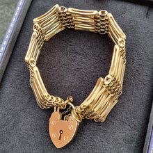 Load image into Gallery viewer, Vintage 9ct Gold Ornate Gate Bracelet with Heart Padlock in box
