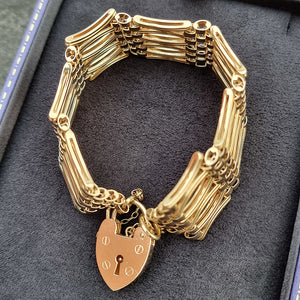 Vintage 9ct Gold Ornate Gate Bracelet with Heart Padlock in box
