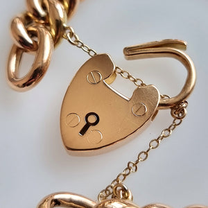 Antique 15ct Gold Curb Charm Bracelet with Heart Padlock close-up