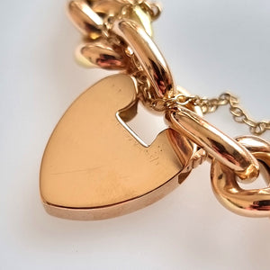 Antique 15ct Gold Curb Charm Bracelet with Heart Padlock close-up