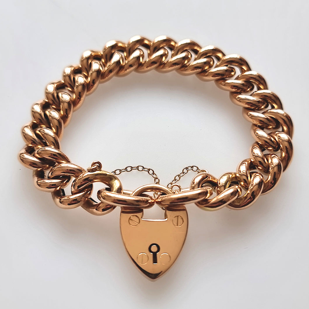 Antique 15ct Gold Curb Charm Bracelet with Heart Padlock