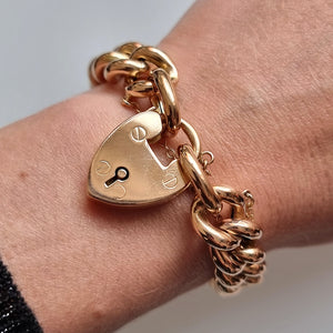 Antique 15ct Gold Curb Charm Bracelet with Heart Padlock modelled
