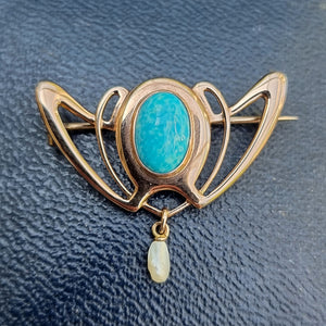 Art Nouveau 9ct Gold Turquoise & Pearl Brooch by Barnet Henry Joseph