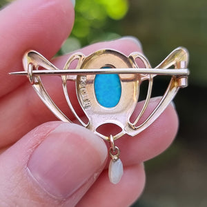 Art Nouveau 9ct Gold Turquoise & Pearl Brooch by Barnet Henry Joseph