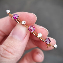 Load image into Gallery viewer, Edwardian 18ct Gold Ruby &amp; Diamond Bar Brooch in hand
