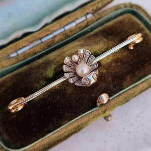 Antique 9ct Gold & Silver Diamond and Pearl Shell Bar Brooch in box