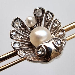 Antique 9ct Gold & Silver Diamond and Pearl Shell Bar Brooch close-up