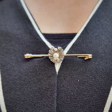 Load image into Gallery viewer, Antique 9ct Gold &amp; Silver Diamond and Pearl Shell Bar Brooch modelled
