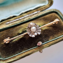 Load image into Gallery viewer, Antique 9ct Gold &amp; Silver Diamond and Pearl Shell Bar Brooch in box
