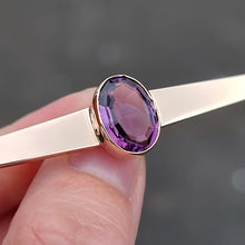 Load image into Gallery viewer, Art Deco Gold Amethyst Bar Brooch in hand
