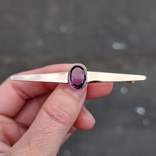 Load image into Gallery viewer, Art Deco Gold Amethyst Bar Brooch in hand
