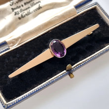 Load image into Gallery viewer, Art Deco Gold Amethyst Bar Brooch in box
