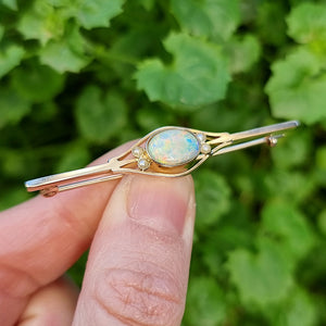 Antique 9ct Gold Opal & Pearl Bar Brooch by Murrle Bennett in hand