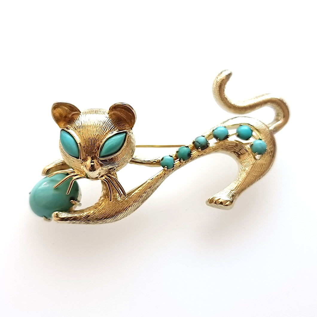 Vintage 14ct Gold Turquoise Cat Brooch front