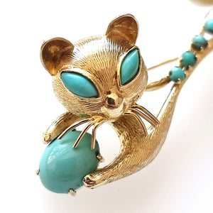Vintage 14ct Gold Turquoise Cat Brooch face