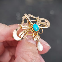 Load image into Gallery viewer, Art Nouveau 15ct Gold Turquoise &amp; Pearl Brooch in hand
