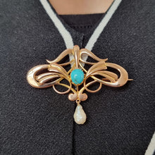 Load image into Gallery viewer, Art Nouveau 15ct Gold Turquoise &amp; Pearl Brooch modelled
