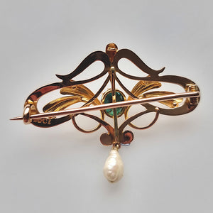 Art Nouveau 15ct Gold Turquoise & Pearl Brooch back