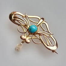 Load image into Gallery viewer, Art Nouveau 15ct Gold Turquoise &amp; Pearl Brooch front
